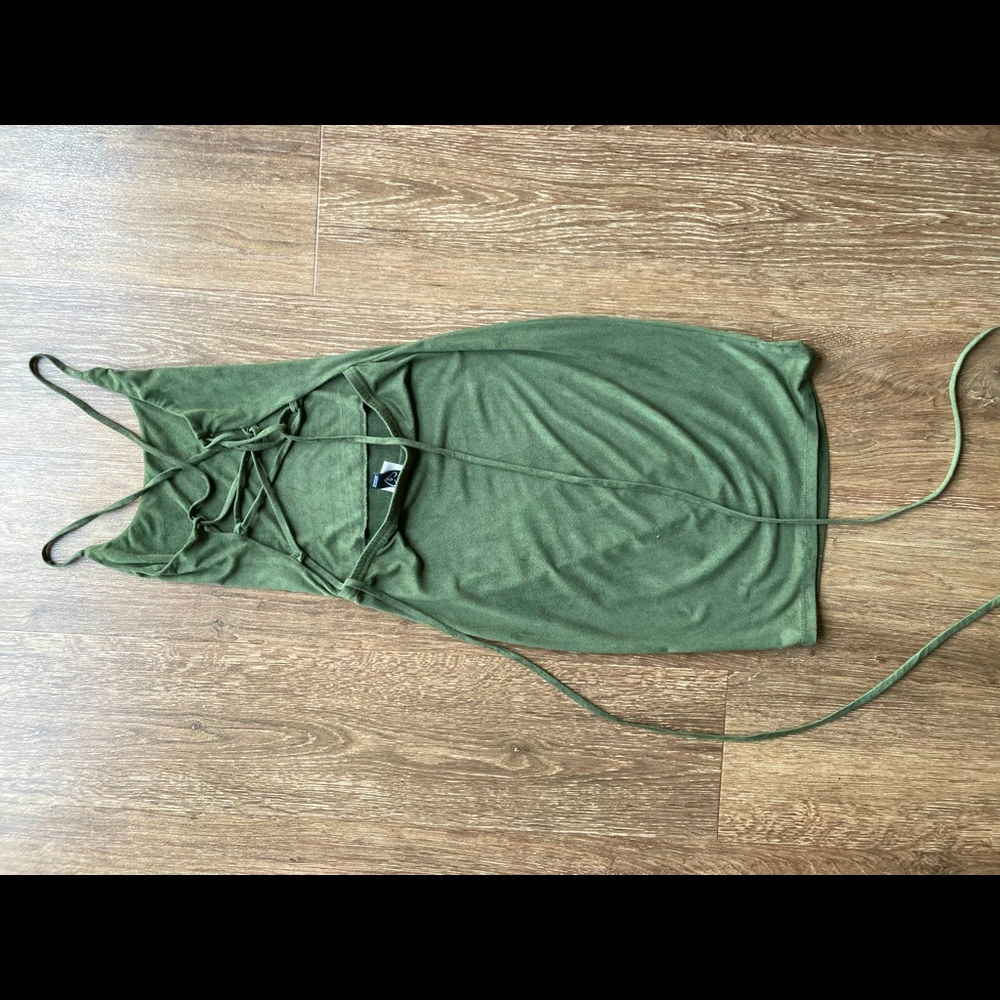 Fitted Olive Green Faux Suede Dress Size Small - Picture 1 of 12